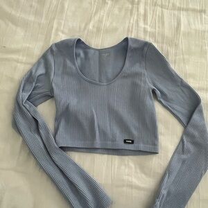 Blue Ribbed Long Sleeve Crop Top